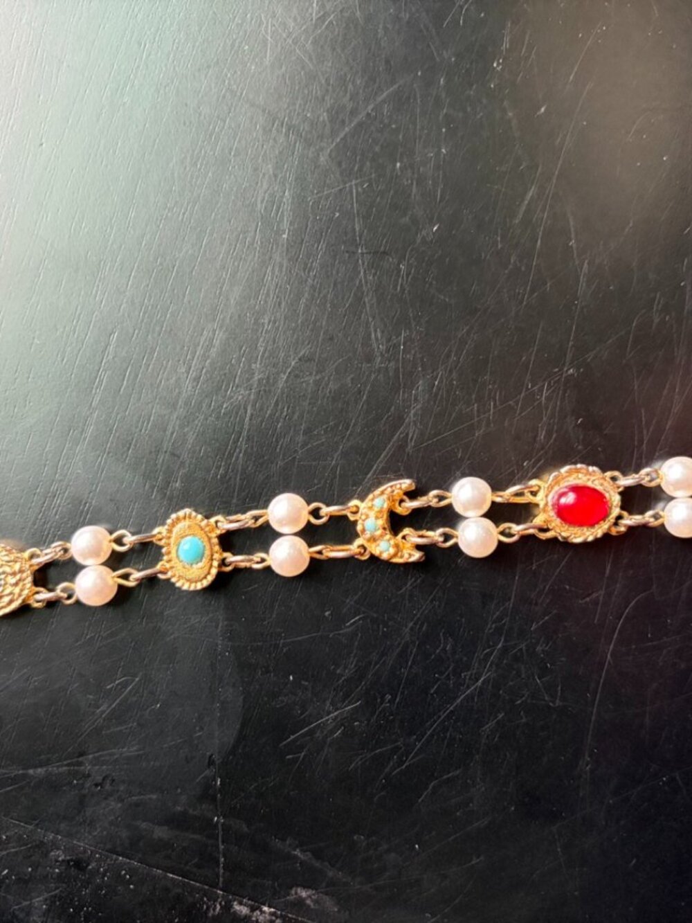 Vintage gold, pearl, stone bracelet